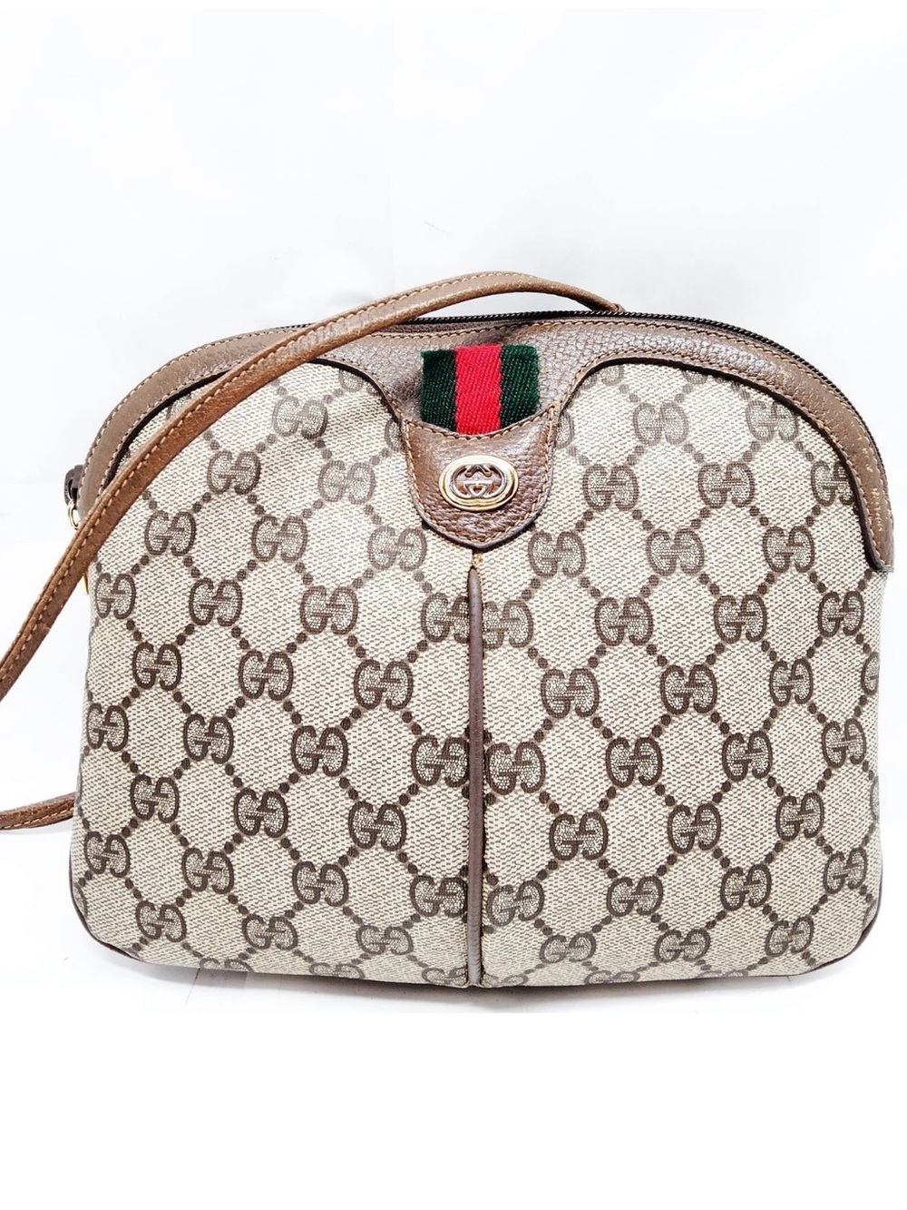 Gucci Beige GG Canvas Crossbody with Brown Leather Trim and Green-Red Web - Picture 1 of 7
